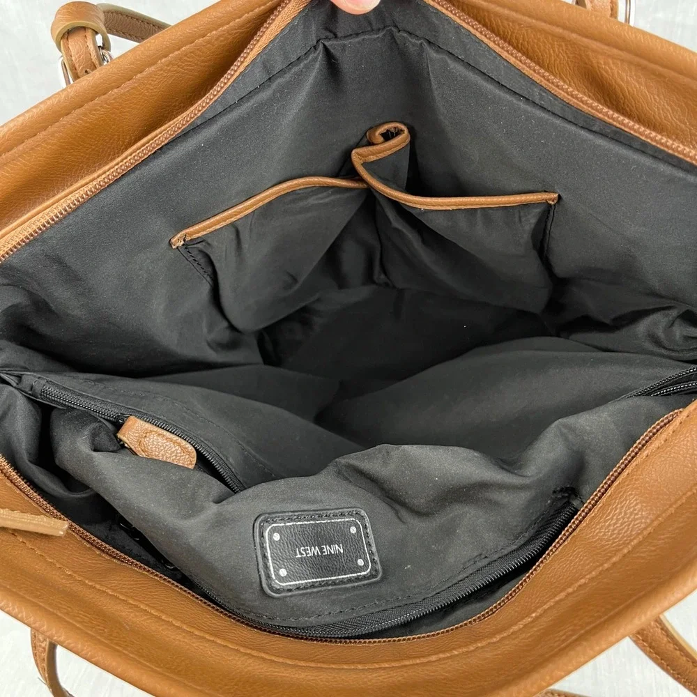 Nine West Tote Bag Black White Striped Faux‎ Leather Tassels Brown Trim